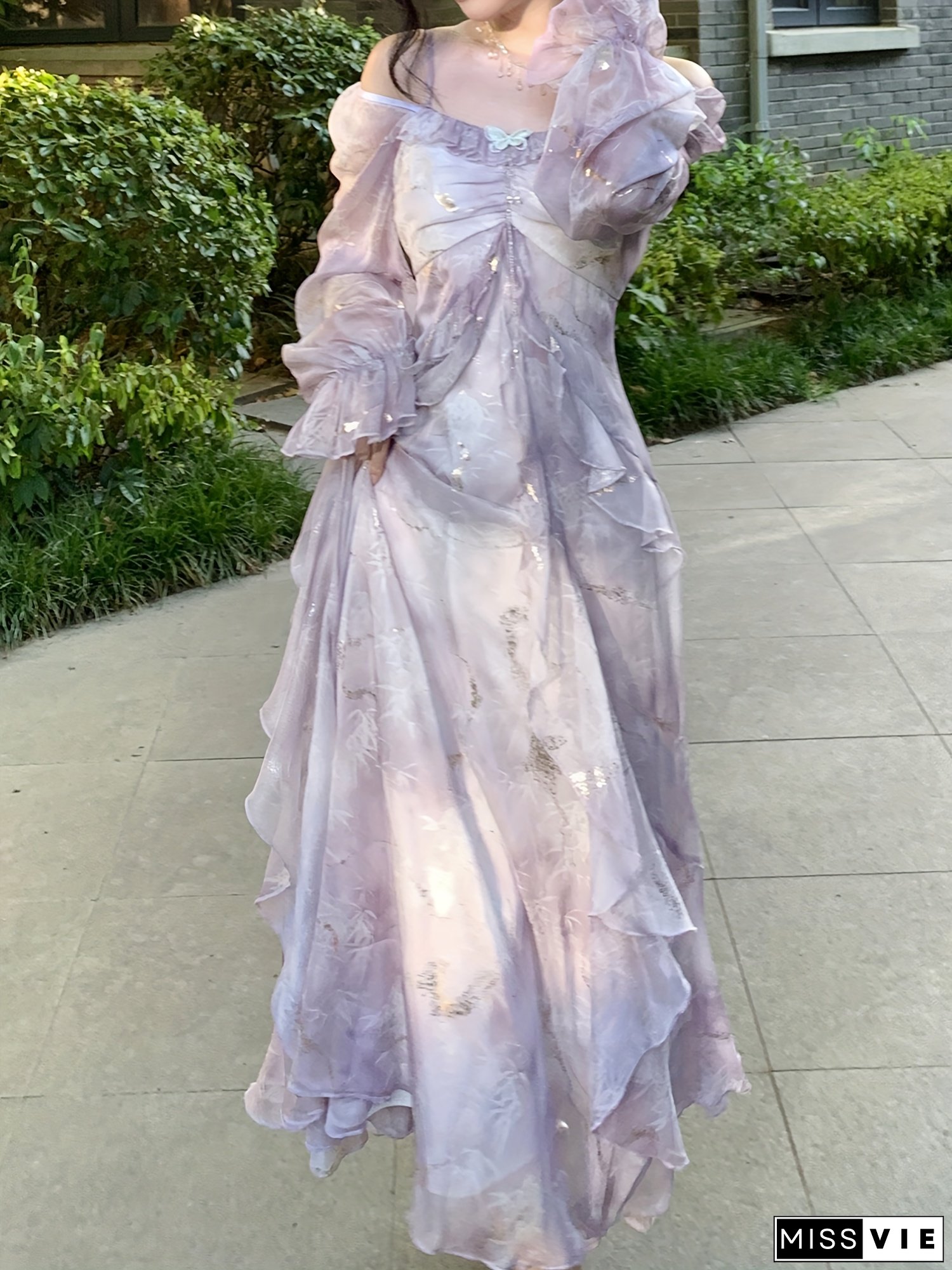 [Lavender Dress] Elegant Lavender Women's Off-Shoulder Long Sleeve Dress | Floral Print, Ruffled Neckline, A-Line Silhouette, Machine Washable - Spring/Summer Formal & Casual Wear