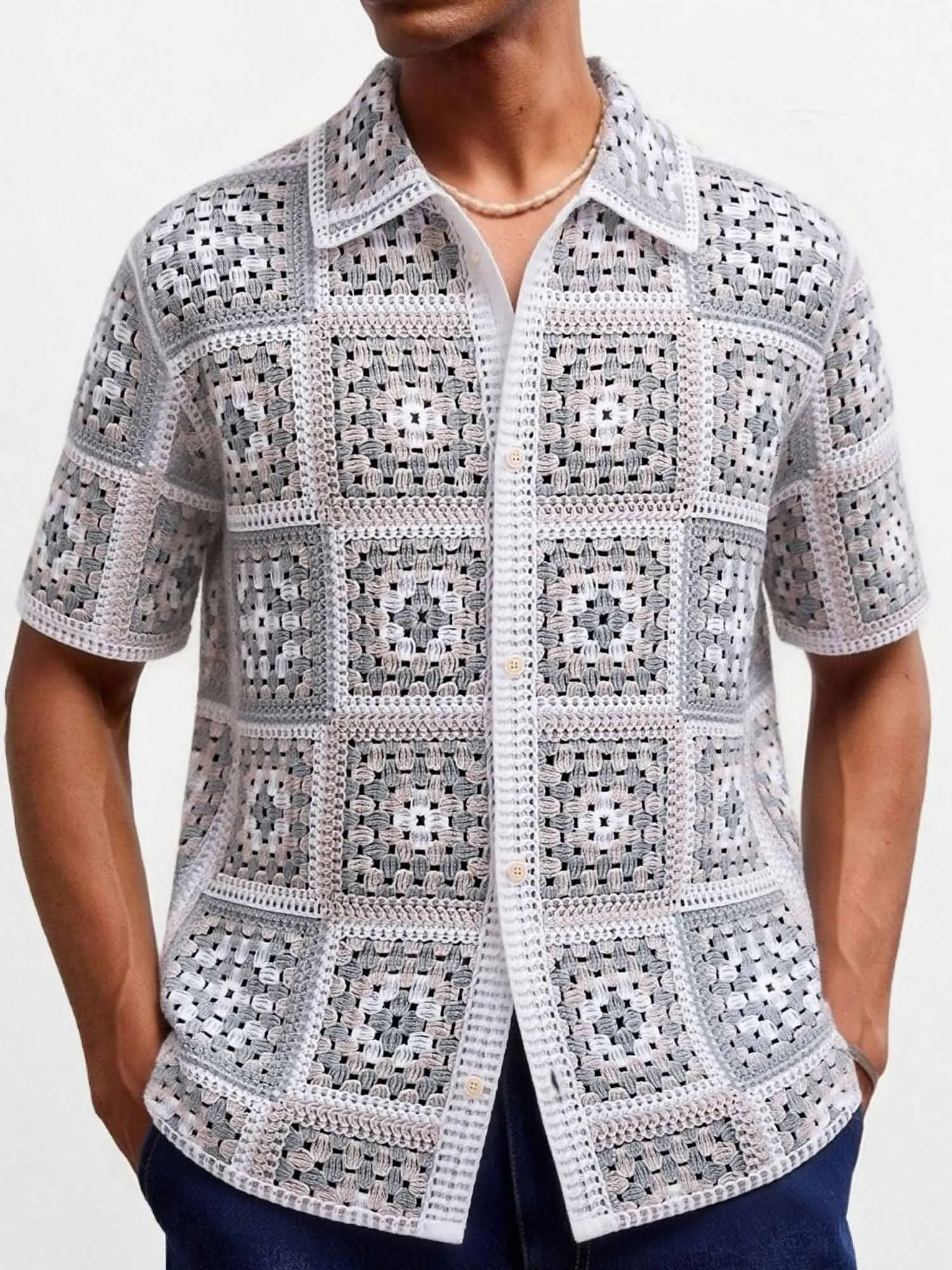 Men Gradient Gray Granny Square Hollow Crochet Full Button Camp Collar Short Sleeve Shirt