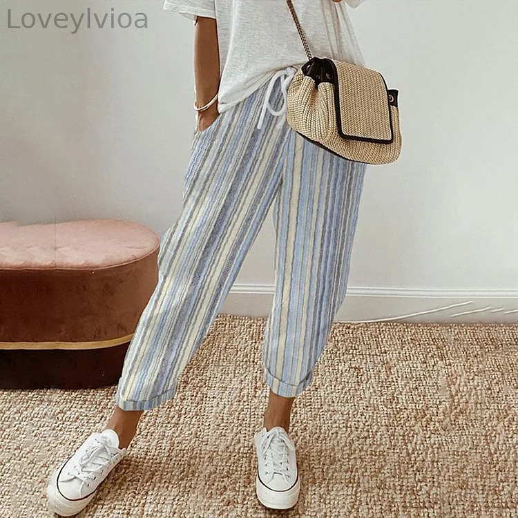 Striped Print Pocket Casual Pants