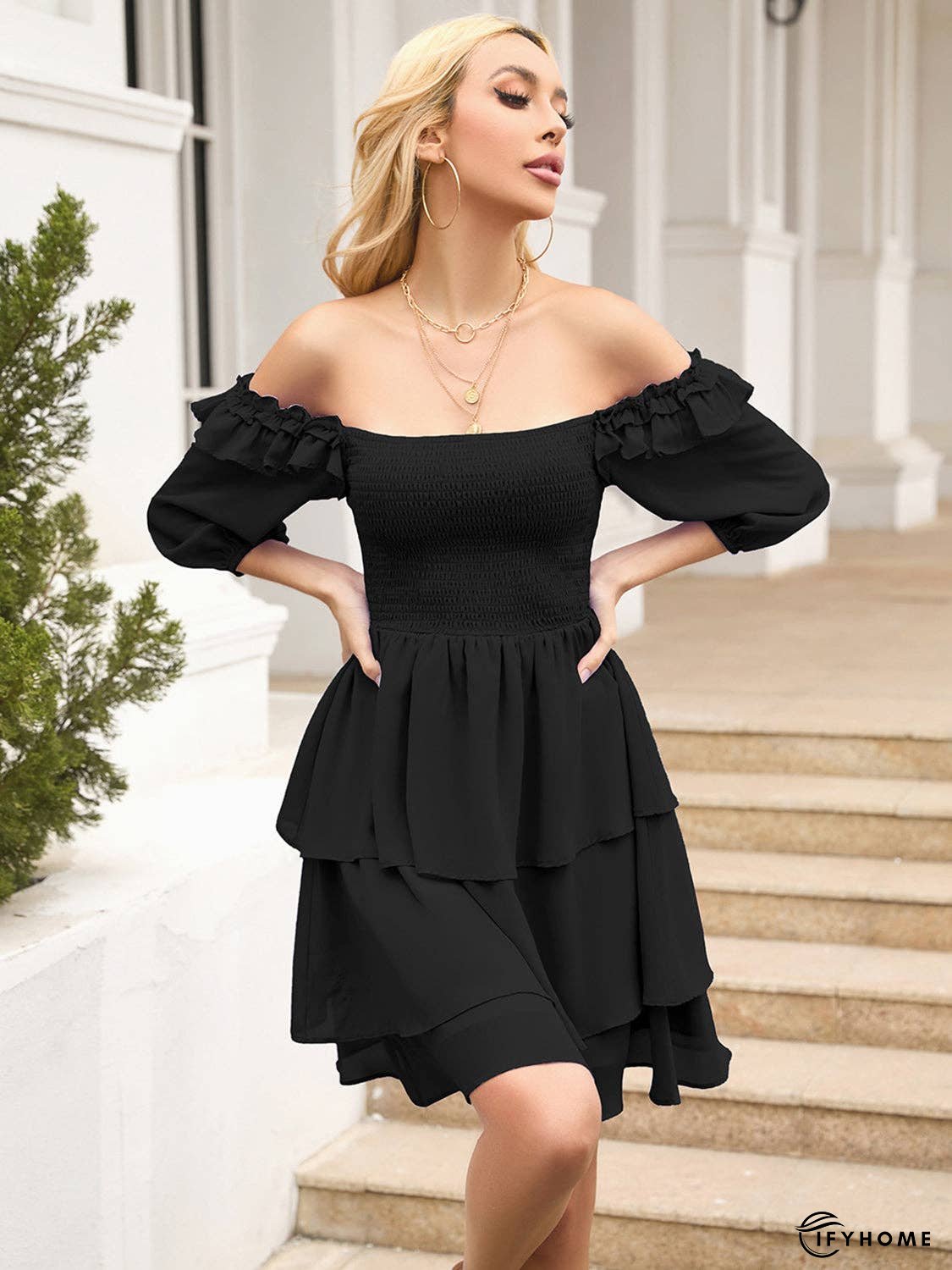 Smocked Square Neck Layered Dress | IFYHOME