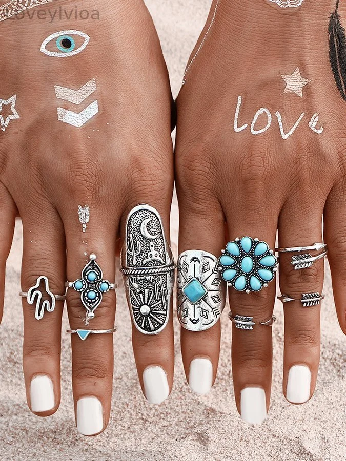 Women's bohemian vintage turquoise ring nine-piece set