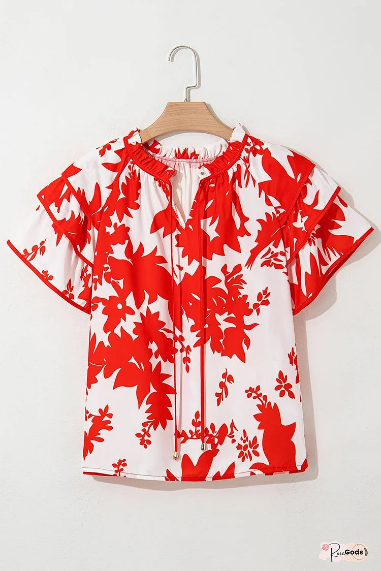 Plant Print Tiered Ruffled Sleeve V Neck Blouse