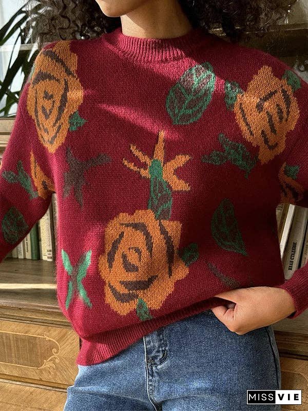 Long Sleeves Loose Flower Print Round-Neck Pullovers Sweater Tops