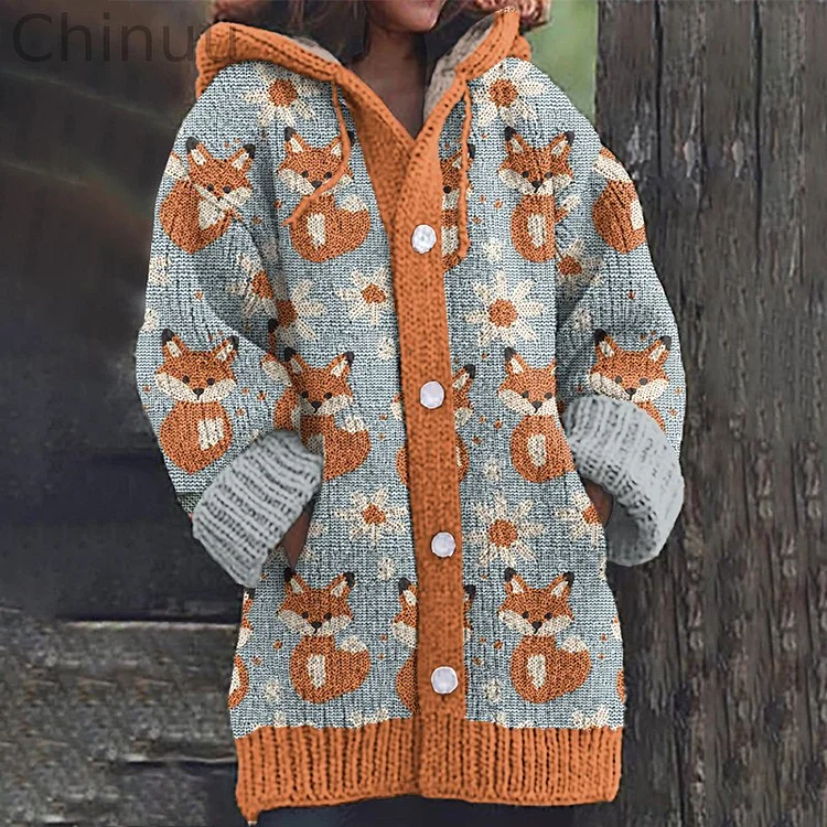 Colorful Fox Print Women's Cardigan Sweater