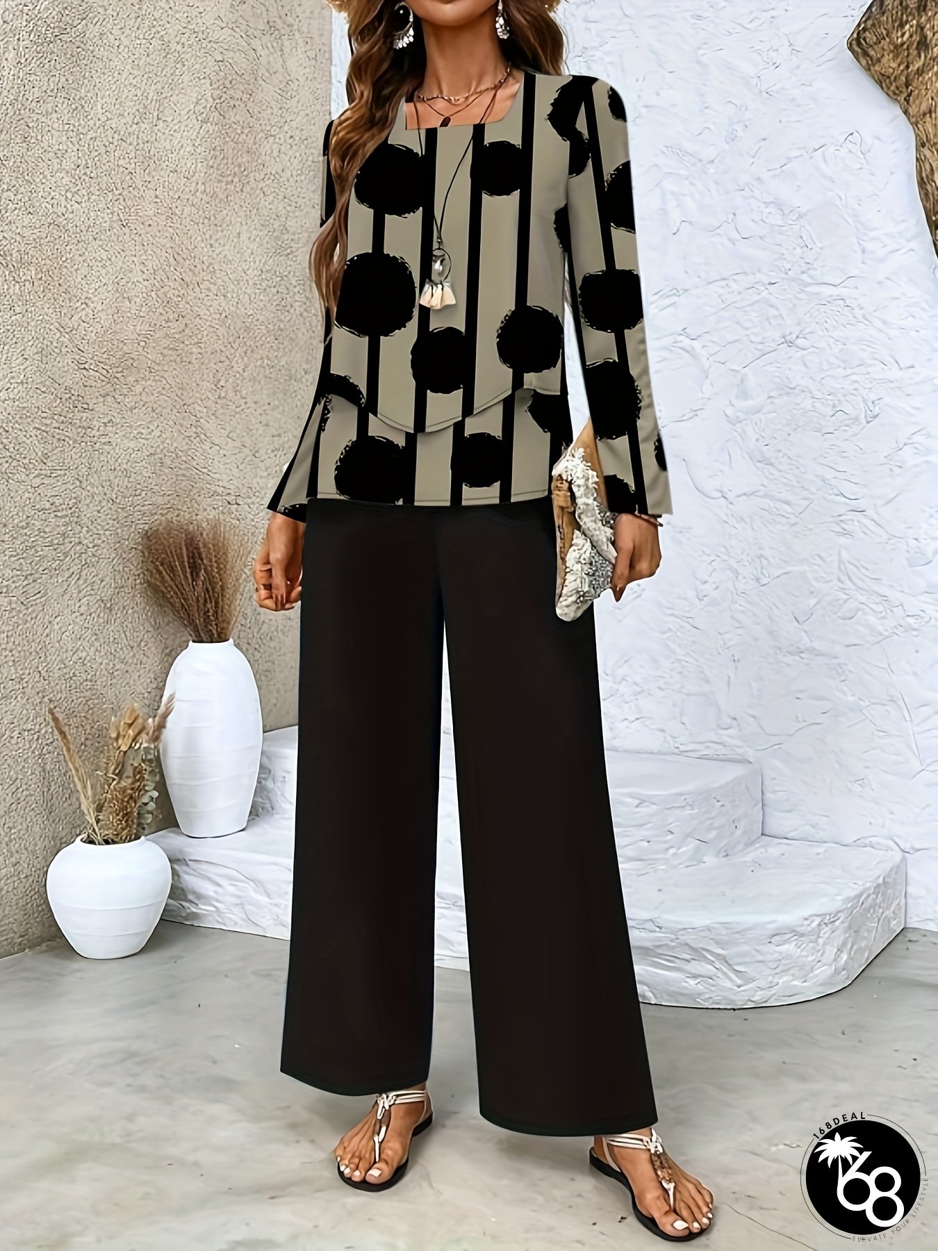 Casual and Comfortable Long Set New Geometric Pattern Square Neck Double Layer Top Solid | 168DEAL