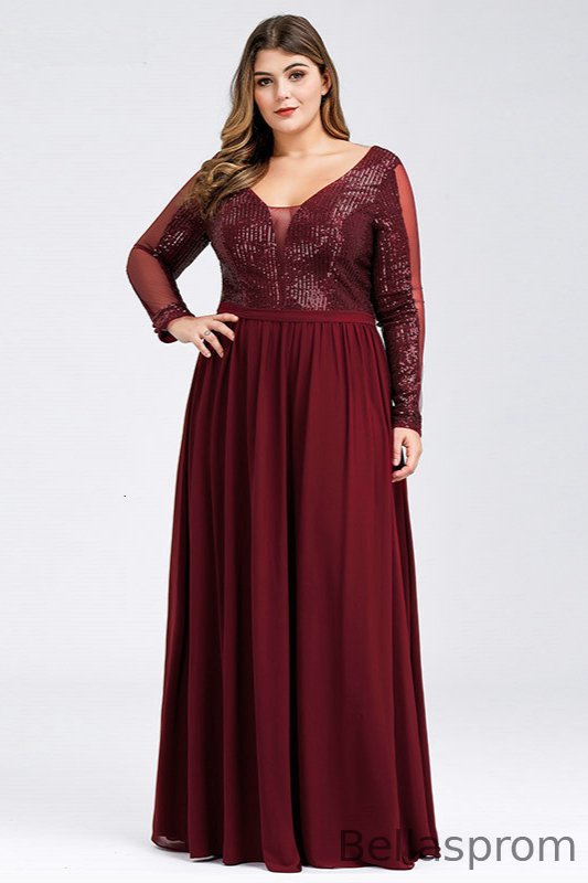 Bellasprom Burgundy Plus Size Prom Dress Mermaid Sequins Evening Gowns Long Sleeve Bellasprom