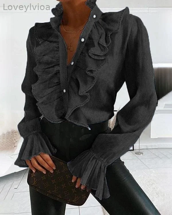 Elegant Solid Ribbed Ruffled Trim Paneled V-neck Blouse