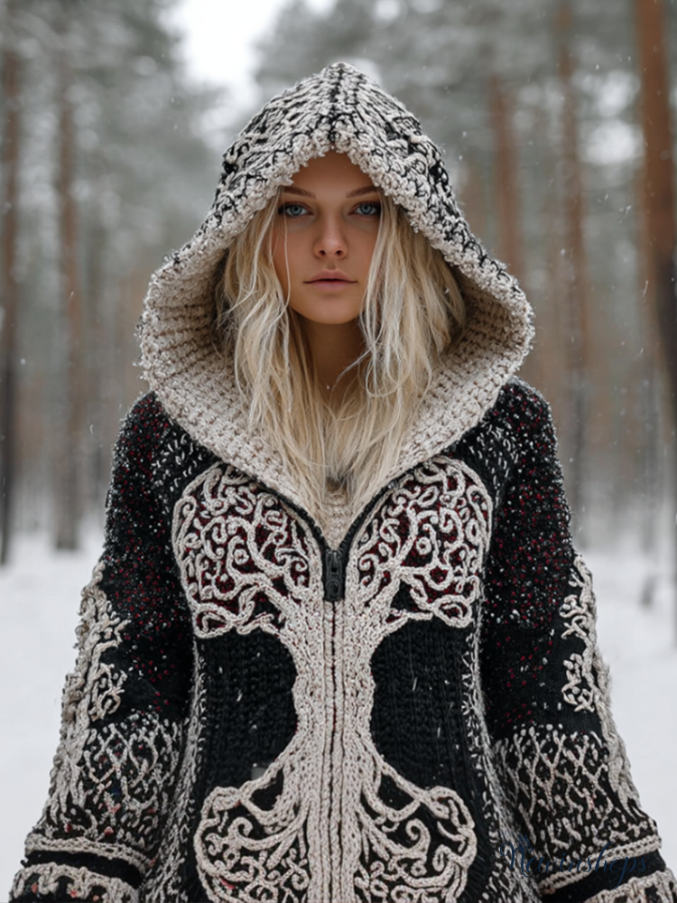 Viking Retro Style Women's Winter Warm Hooded Knit Sweater Jacket