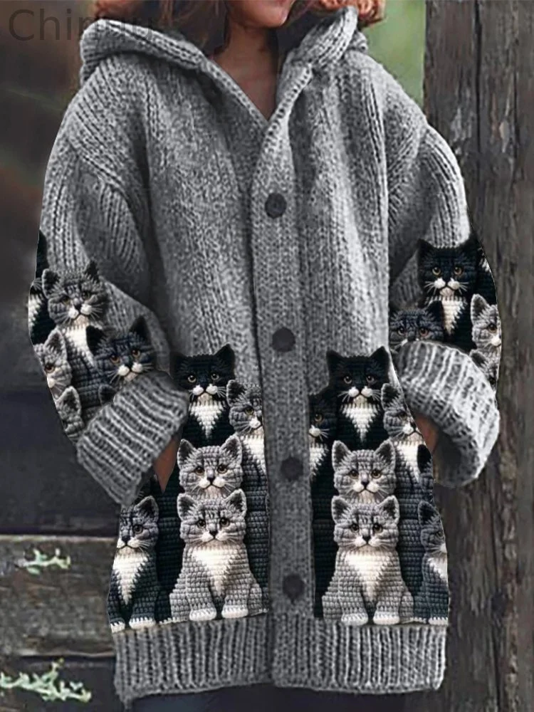 Crowded Cats Crochet Art Cozy Knit Hooded Cardigan