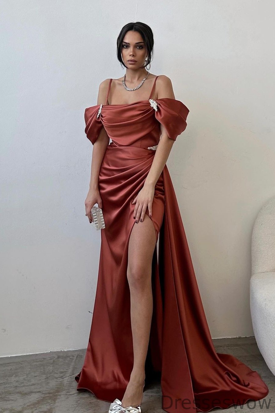 Dresseswow Off-the-Shoulder Mermaid Ball Dress With Split Ruffles Beads