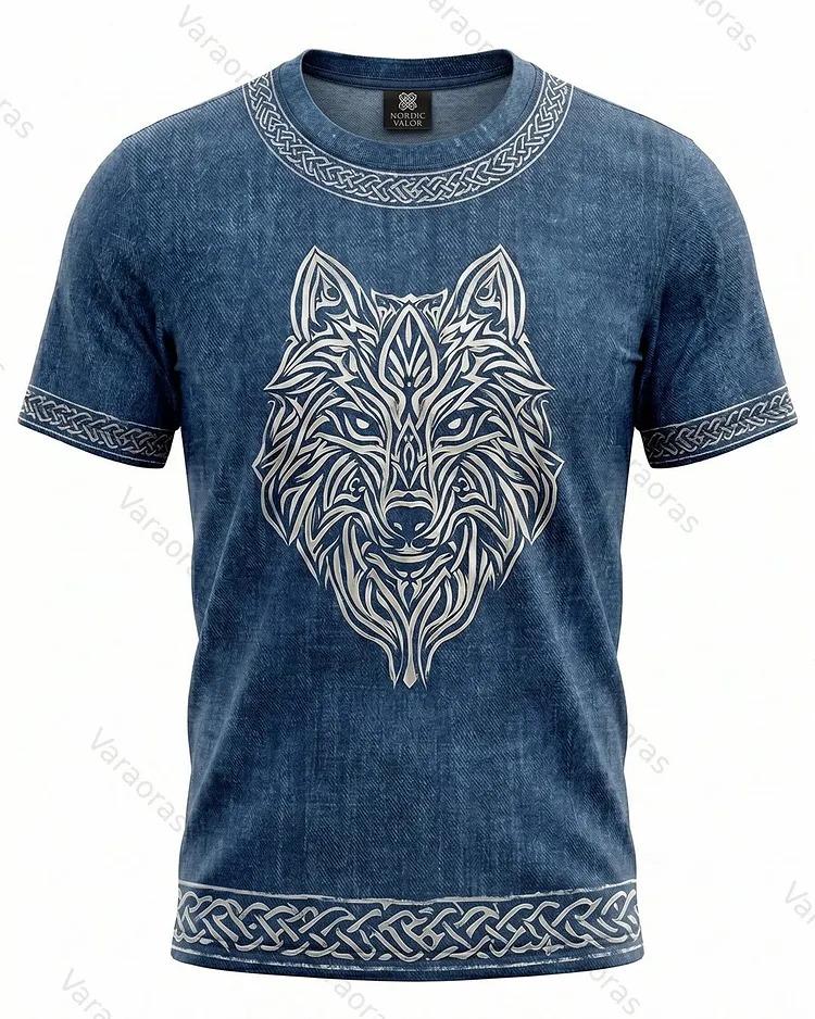 Men's Fashionable Viking Contrast Color Wolf Print T-shirt 7056