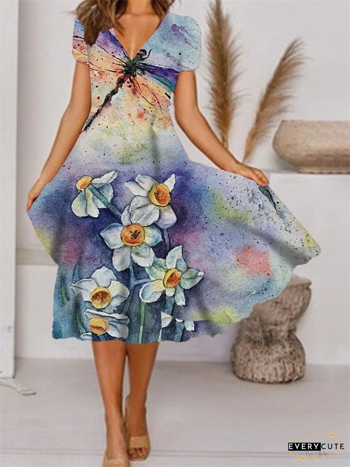 Women's New V-neck Short-sleeved Mid-length Dress Positioning Plant Floral Print Colorful Painting Hem Common-style Dress