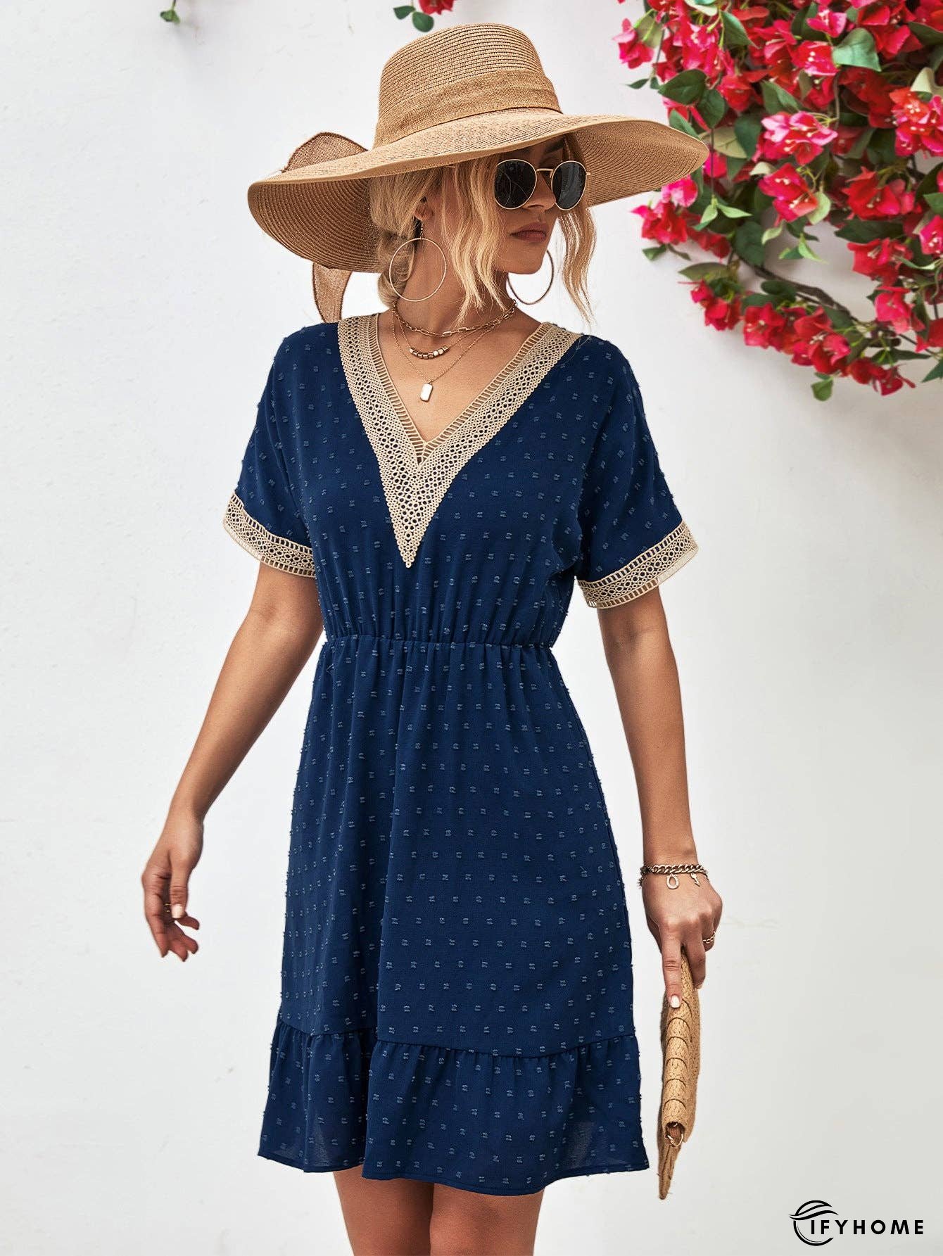 Contrast V-Neck Short Sleeve Mini Dress | IFYHOME