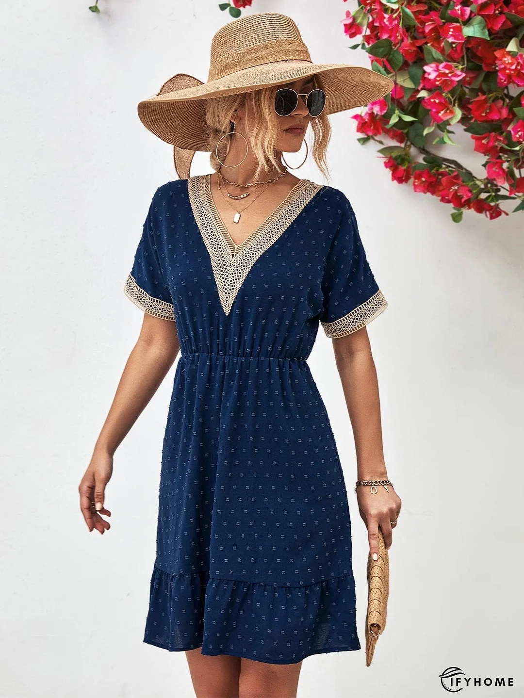 Contrast V-Neck Short Sleeve Mini Dress | IFYHOME