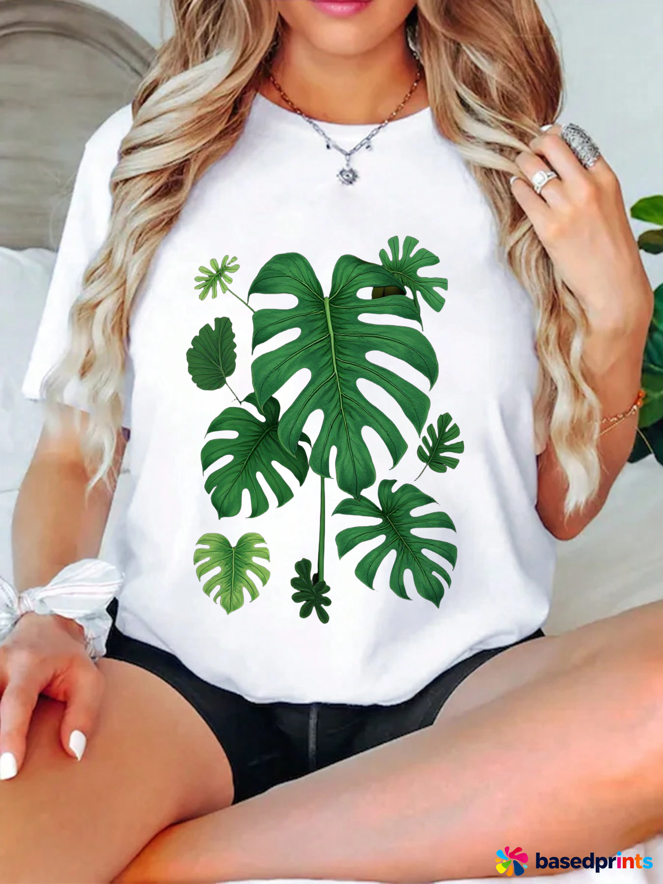 Tropical Leaf Print T-Shirt Women Casual Short Sleeve Tops