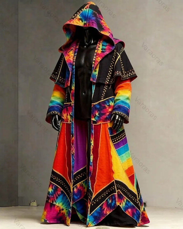Men's Fashion Rainbow-Colored Linen Hooded Cape 8422