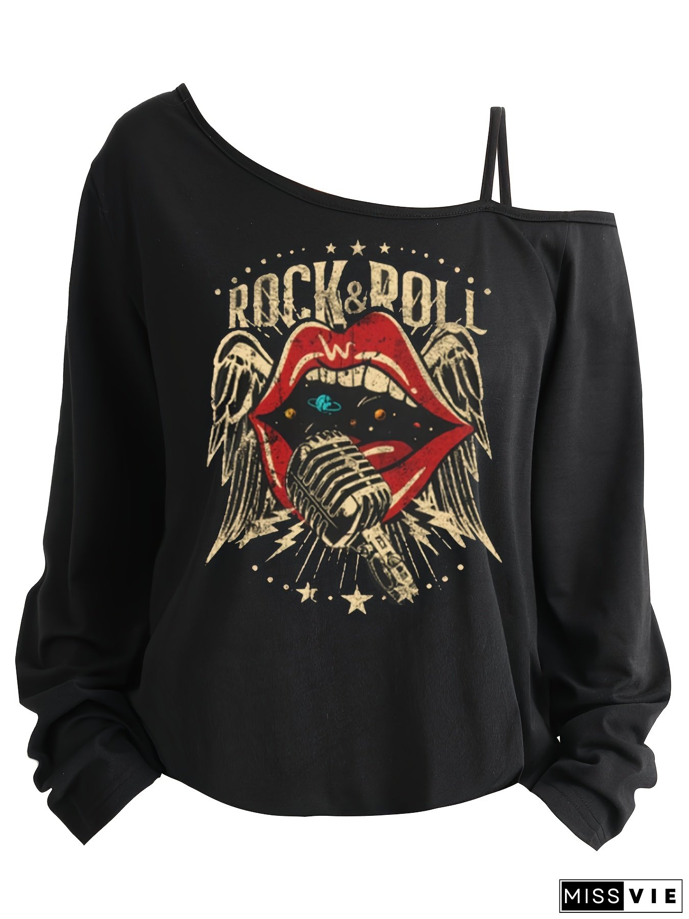Plus Size Women's Rock & Roll Graphic Long Sleeve T-Shirt - Single Shoulder Asymmetrical Neckline, Bold Lips & Stars Print, 1X-8XL, Machine Washable Casual Top, Street Style, Statement Tee, Soft Material, Trendy Blouse, Fashion Lovers