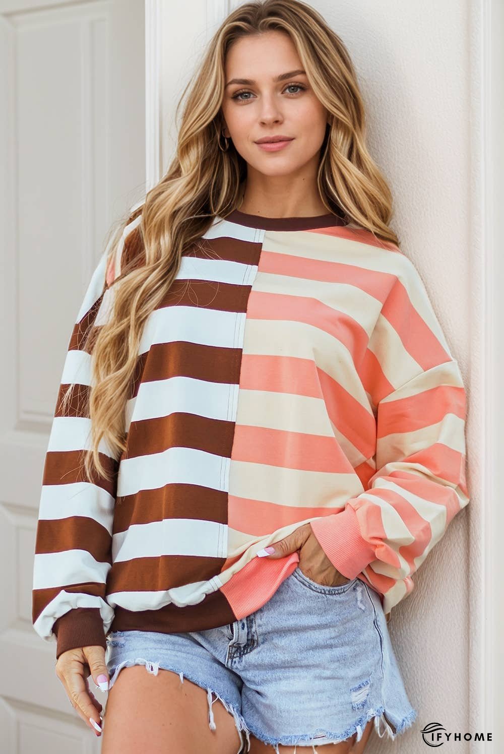 Stripe Color Block Drop Shoulder Pullover Sweatshirt | IFYHOME