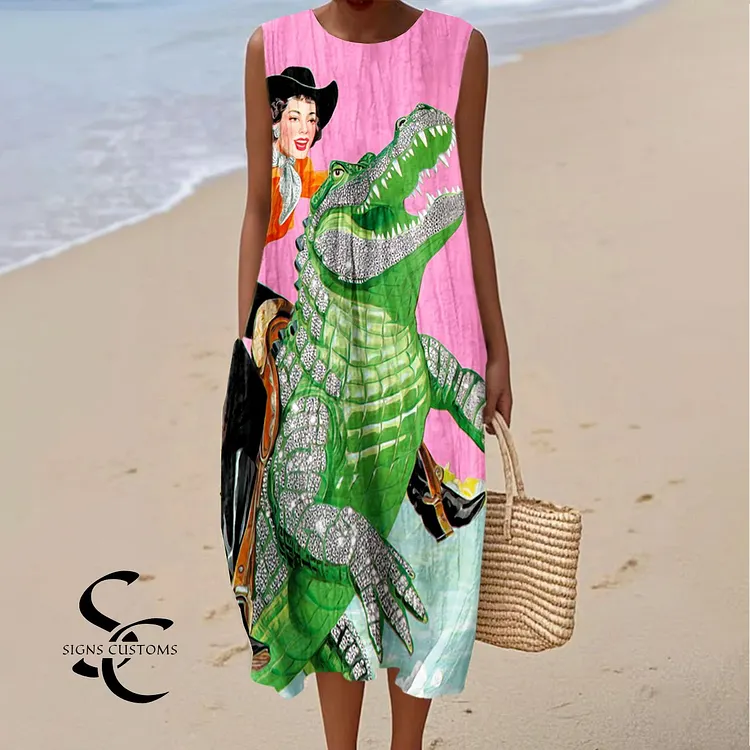 Women's Vintage Funny Cowgirl Riding An Alligator Art Print Sleeveless Cotton Pocket Wrap Dress