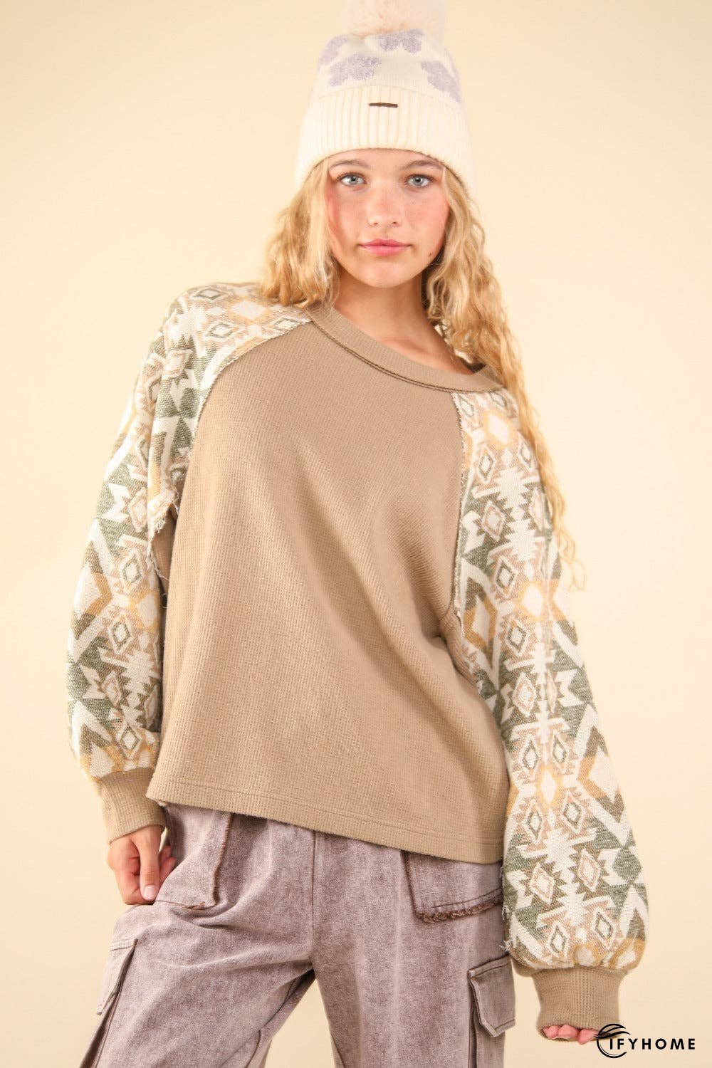 VERY J Printed Long Sleeve Round Neck Knit Top | IFYHOME
