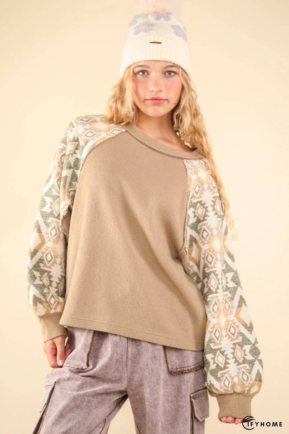 VERY J Printed Long Sleeve Round Neck Knit Top | IFYHOME