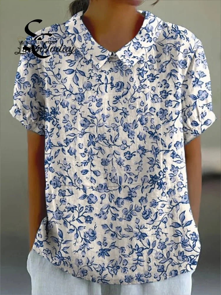 Women's Simple Small Blue Flowers Print Casual Cotton And Linen Shirt