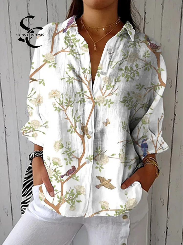 Women's Vintage Art Ethnic Birds & Flowers Print Casual Linen V-neck Shirt