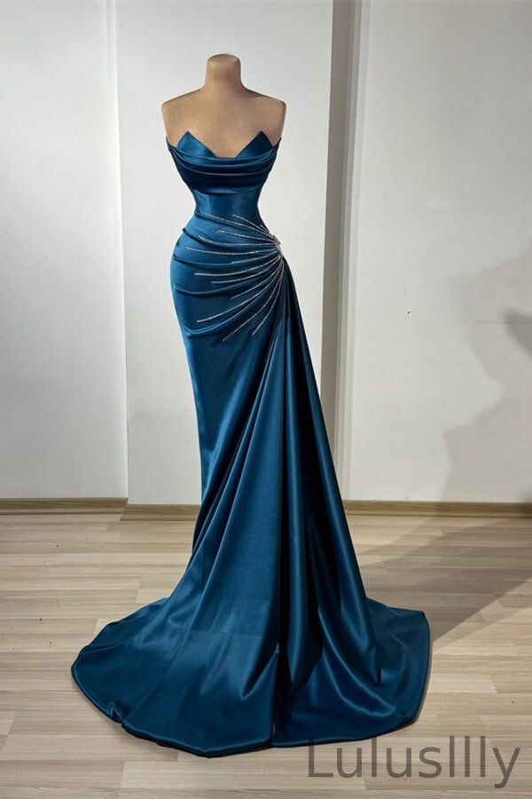 Classic Ink Blue Sweetheart Sleeveless Mermaid Evening Gowns With Beads Online - lulusllly