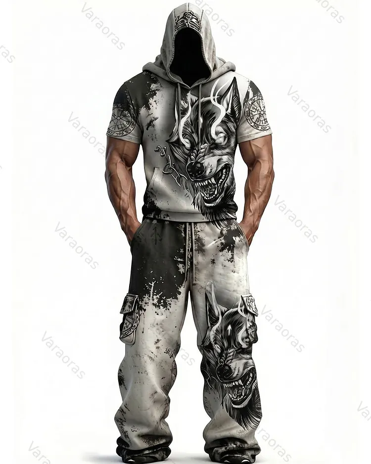 Men's Fashion Viking Contrast Color Embroidered Hoodie & Pants Two-Piece Set 6270