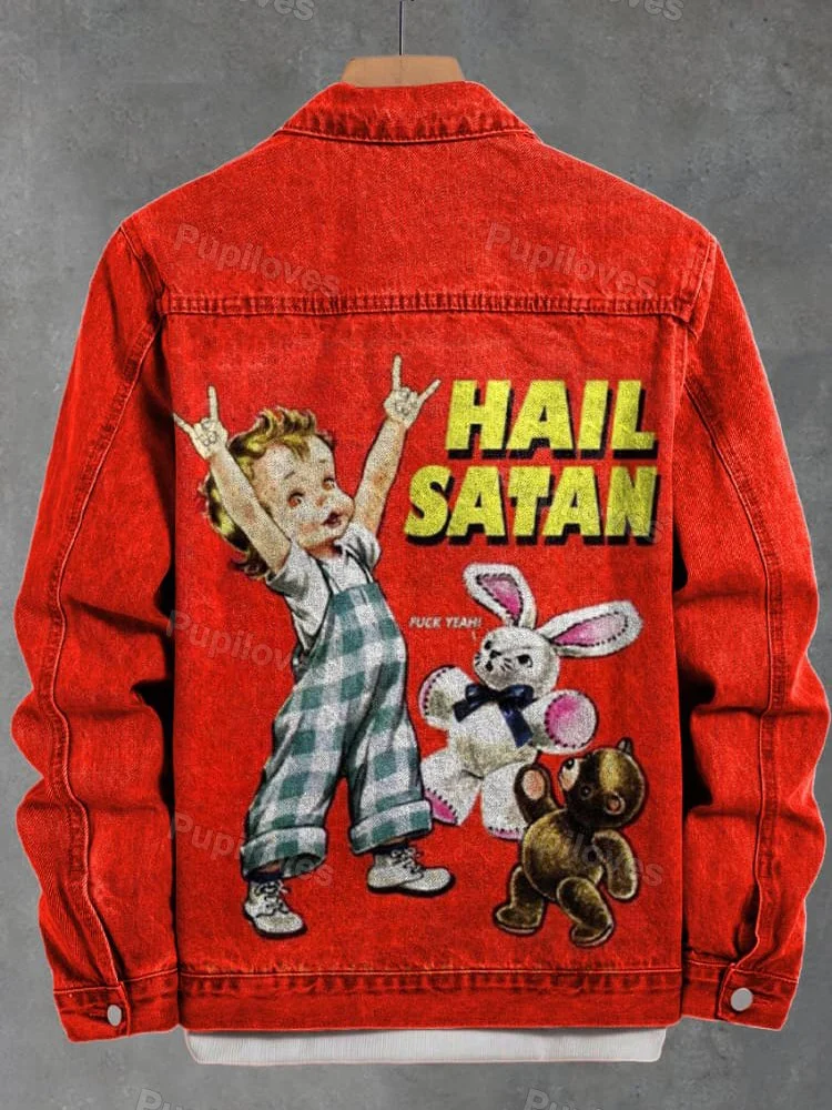 Pupiloves Pupiloves Vintage Hail Satan Fuck Yeah Art Print Casual Denim Jacket