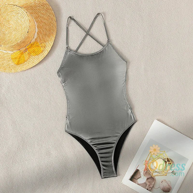 IO Dress Silver Shiny String Lace-up Backless Swimwear Woman 2025 Sexy One Piece Swimsuits Female High Cut Bathing Swimming Suit Monokini