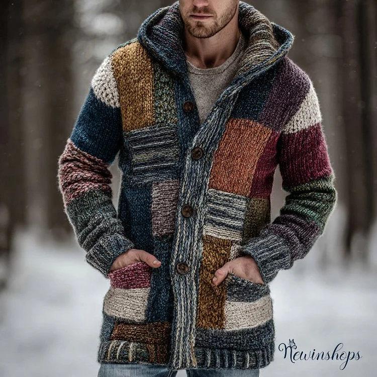 Men's Geometric Block Contrast Knit Button Hooded Sweater
