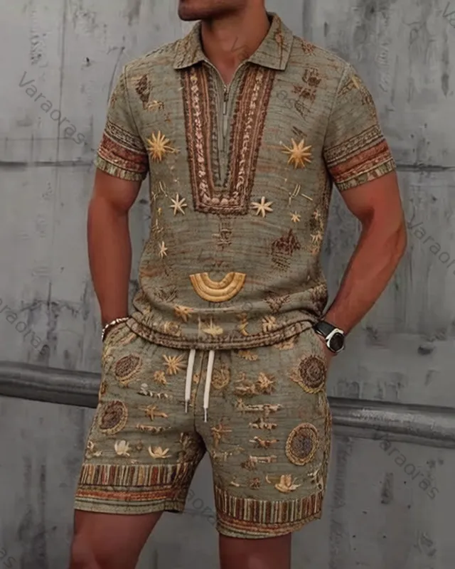 Men's Summer Outdoor Fashion Hippie Star and Moon Embroidered Top and Shorts Two-Piece Set 9517