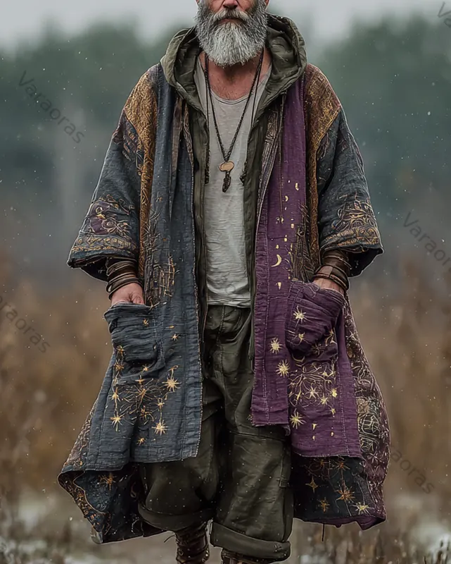Men's casual and comfortable star and moon three-dimensional embroidery contrast color stitching linen hooded coat fc4d f1be