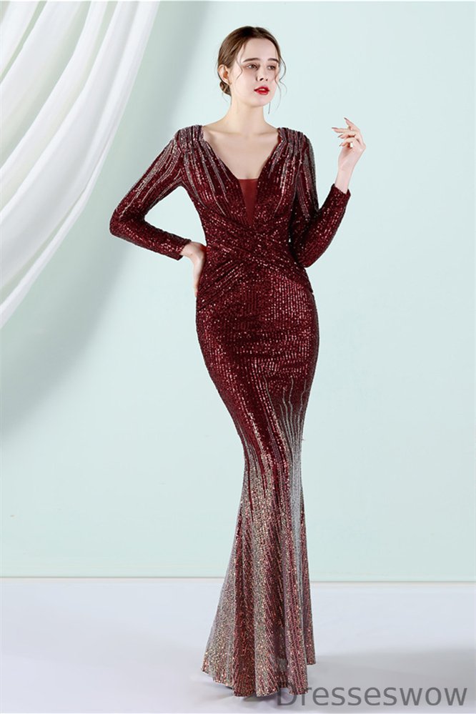 Dresseswow Ombre Sequins Long Sleeves Evening Gowns Mermaid V-Neck