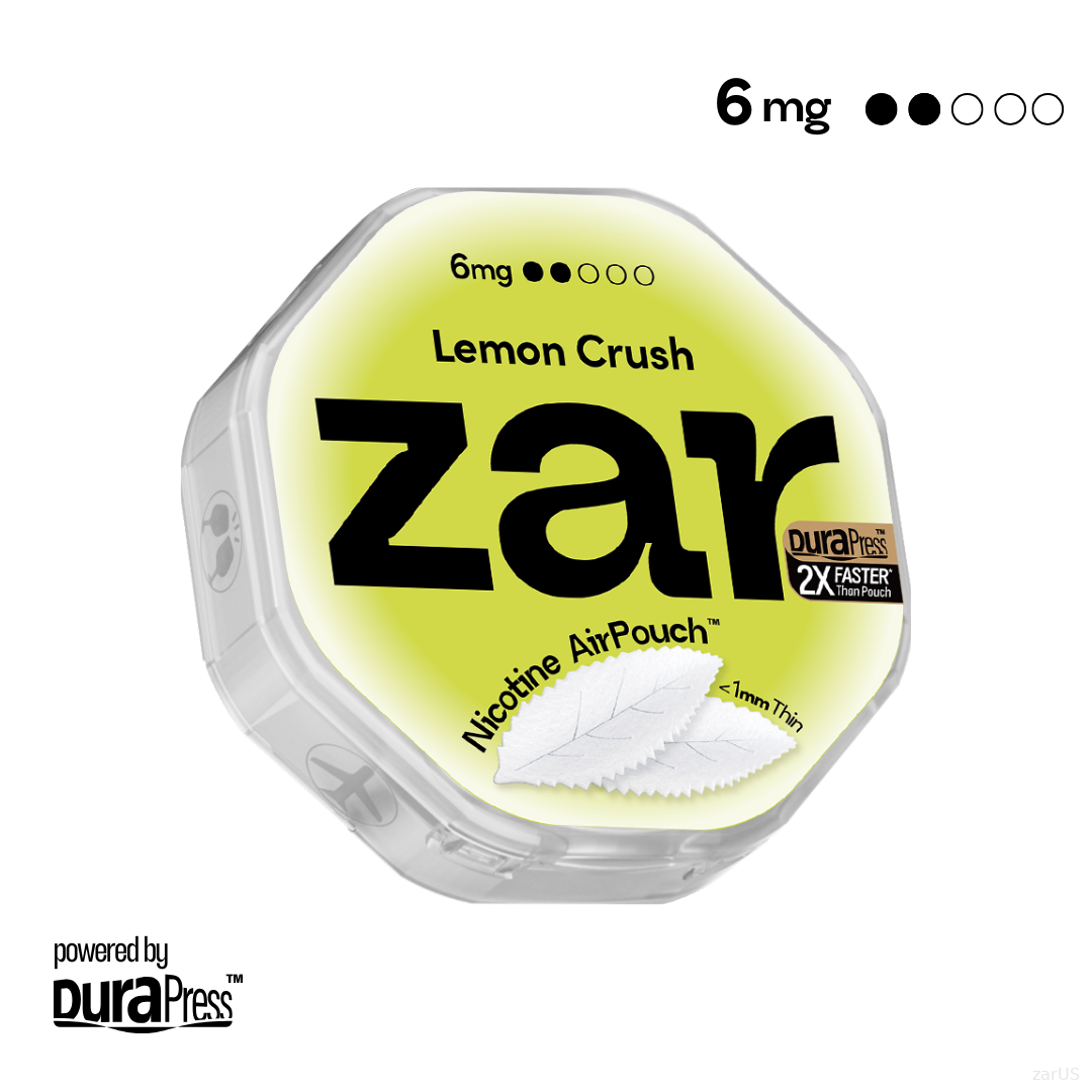 US Try zar Oral Nicotine AirPouch Lemon Crush Flavor Fruit Flavour 6mg nicotine strengths 20 pcs per can Price USD 4.9 10% discount sitewide no wired aftertastes zar pouches nicotine strip snus nicotine pouch 