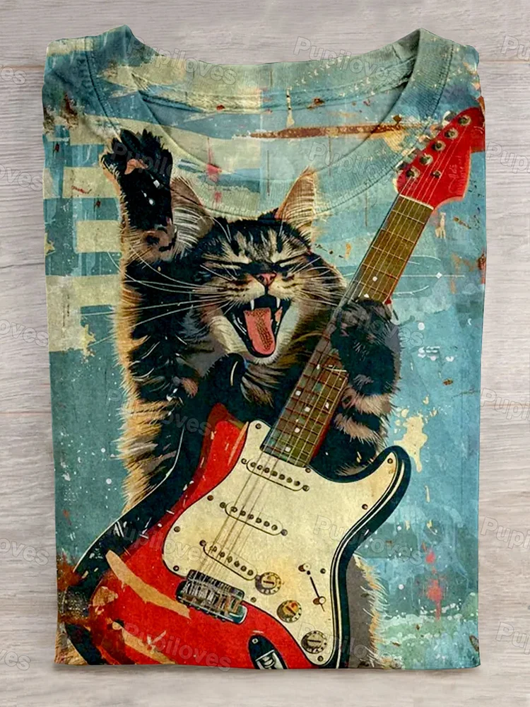Pupiloves Rock Cat Guitar Art Print Short Sleeve T-shirt