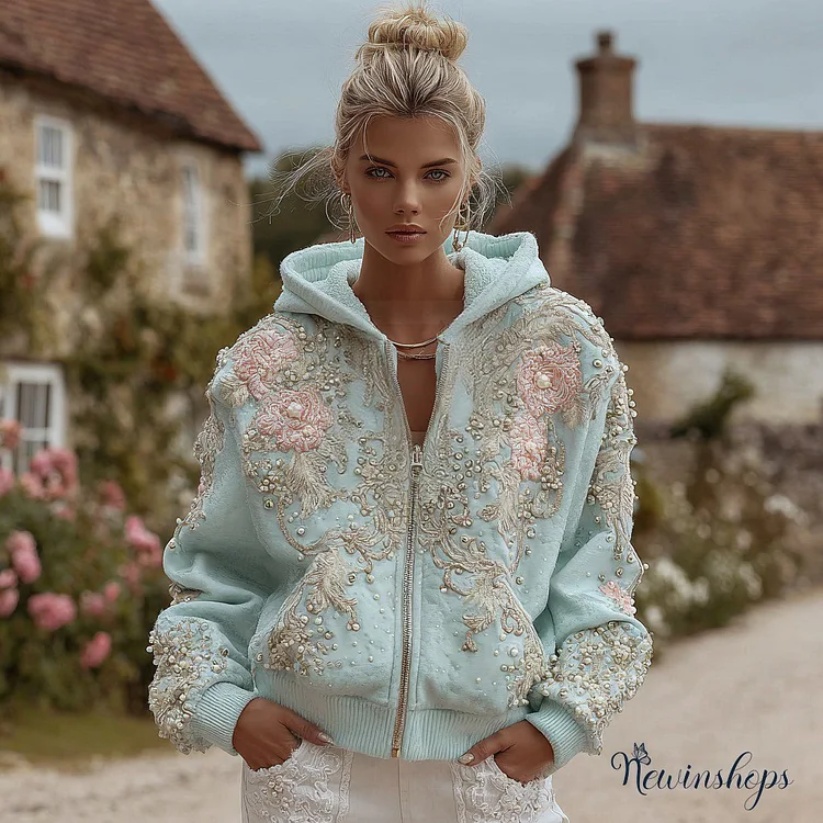 Women's Vintage Bohemian Floral Embroidery Casual Zip-up Hoodie