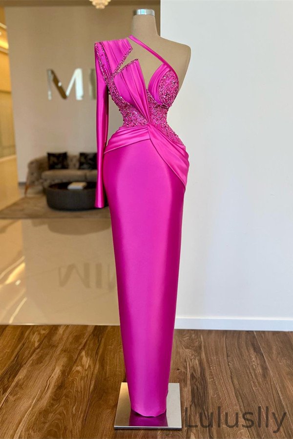 Luluslly Hot Pink One Shoulder Long Sleeves Evening Dress Mermaid Long With Beads