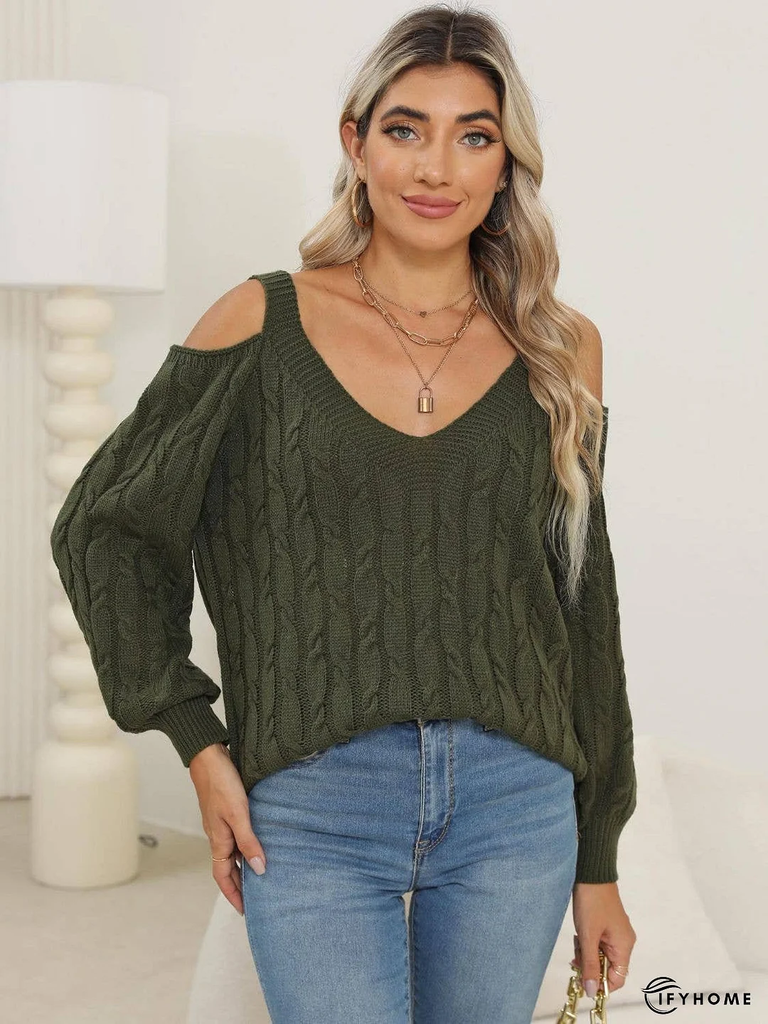 Cable-Knit V-Neck Long Sleeve Sweater | IFYHOME