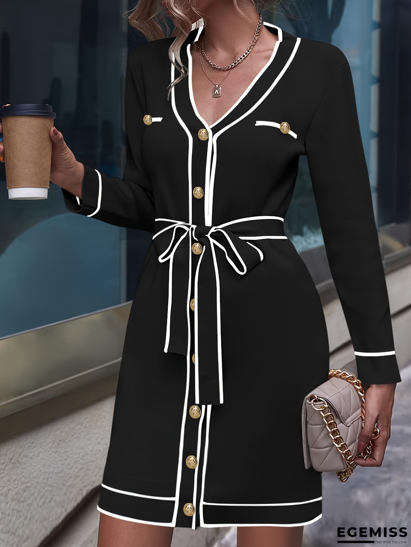 New Women's Autumn/Winter Fashion Elegant V-Neck Color Block Long Sleeve Buttoned Belted Dress | EGEMISS