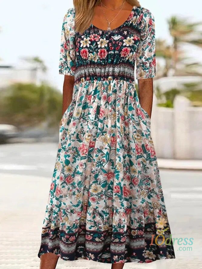 IO dress Women's Bohemia Loose Dresses Fashion Vintage Pattern Printed Round Neck Short Sleeve Long Dress 2025 Summer New Lady Vestidos IO Dress