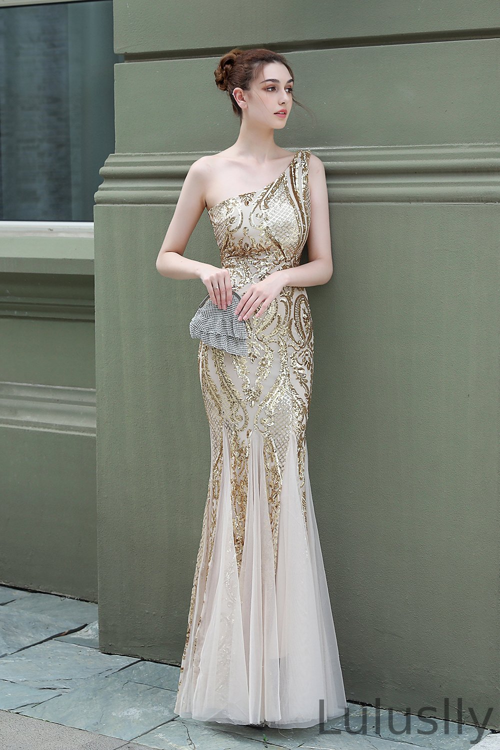 Luluslly Mermaid Sequins Evening Dress One Shoulder Long With Tulle
