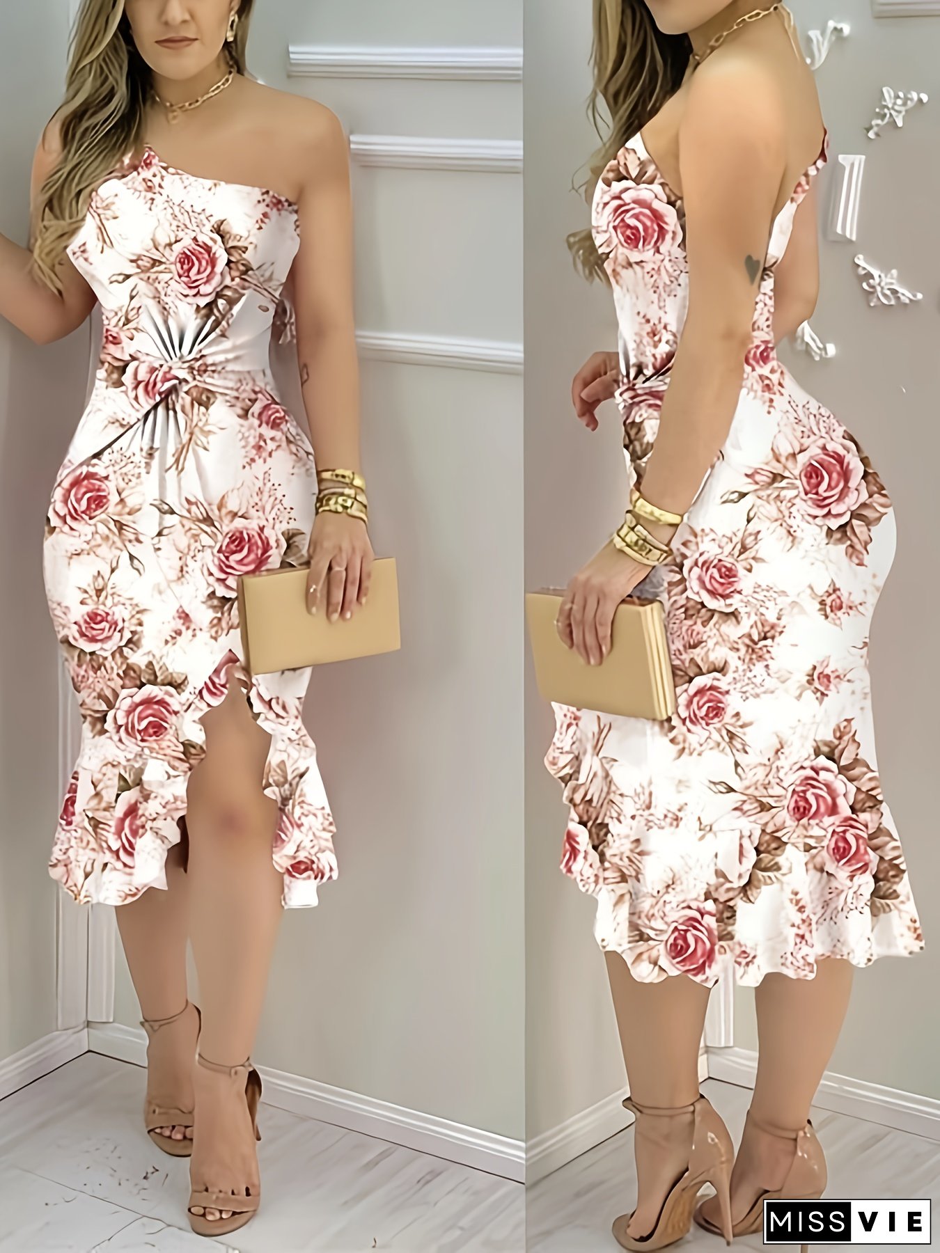 Women's Elegant Off-Shoulder Floral Print A-Line Dress With Asymmetrical Hem & Elastic Waist - Machine Washable Bodycon Summer Dress For Spring/Summer Casual To Formal Events, Spring Event Attire | Sophisticated Craftsmanship, Cute Dresses