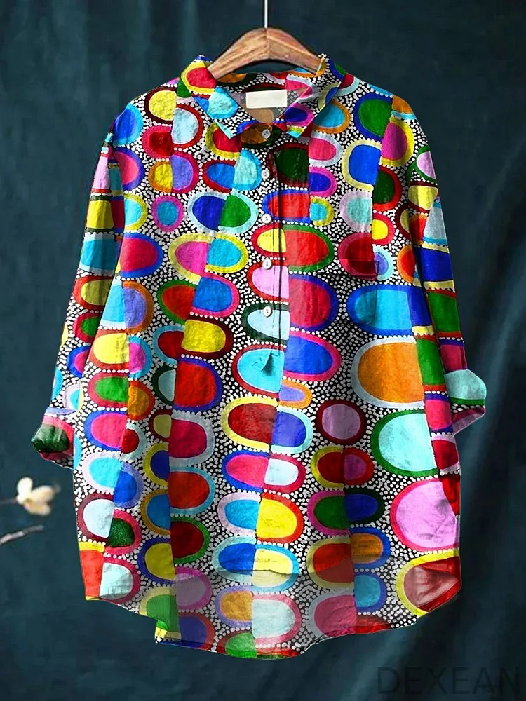 Women's Vintage Abstract Art Print Casual Cotton And Linen Shirt