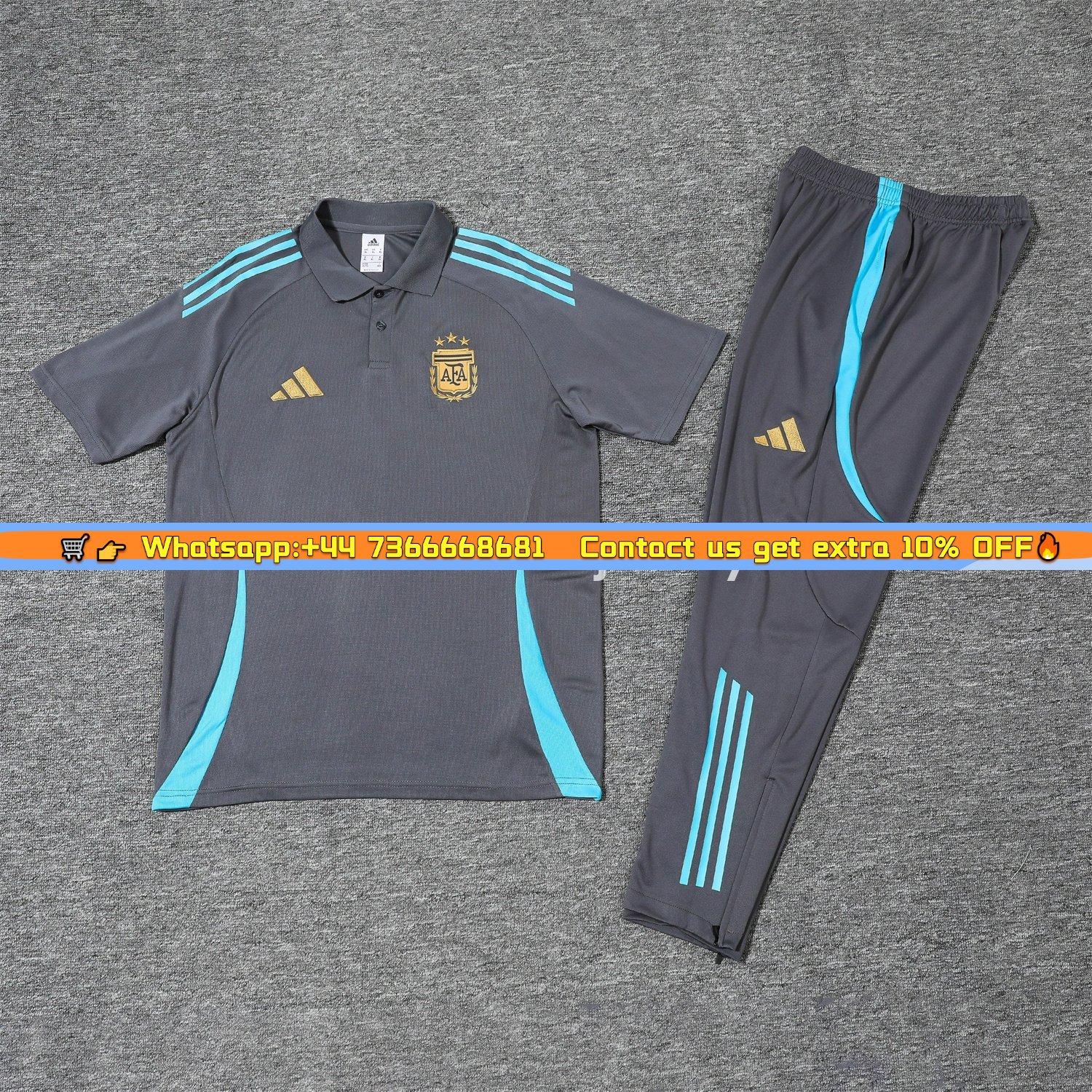 Argentina 25-26 POLO Short-Sleeve Training Set - Grey Top and Pants with Blue Stripes