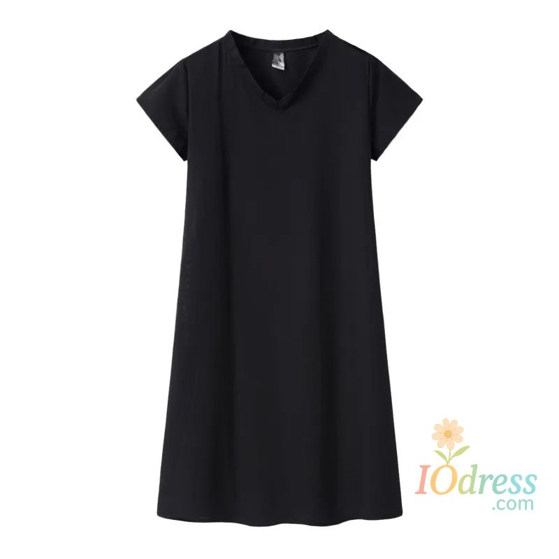 IO Dress Pure Color Short Sleeve V-neck Mini Dress Eight Sizes Available Trendy Summer Women's Clothing Comfortable Loose Waist Design
