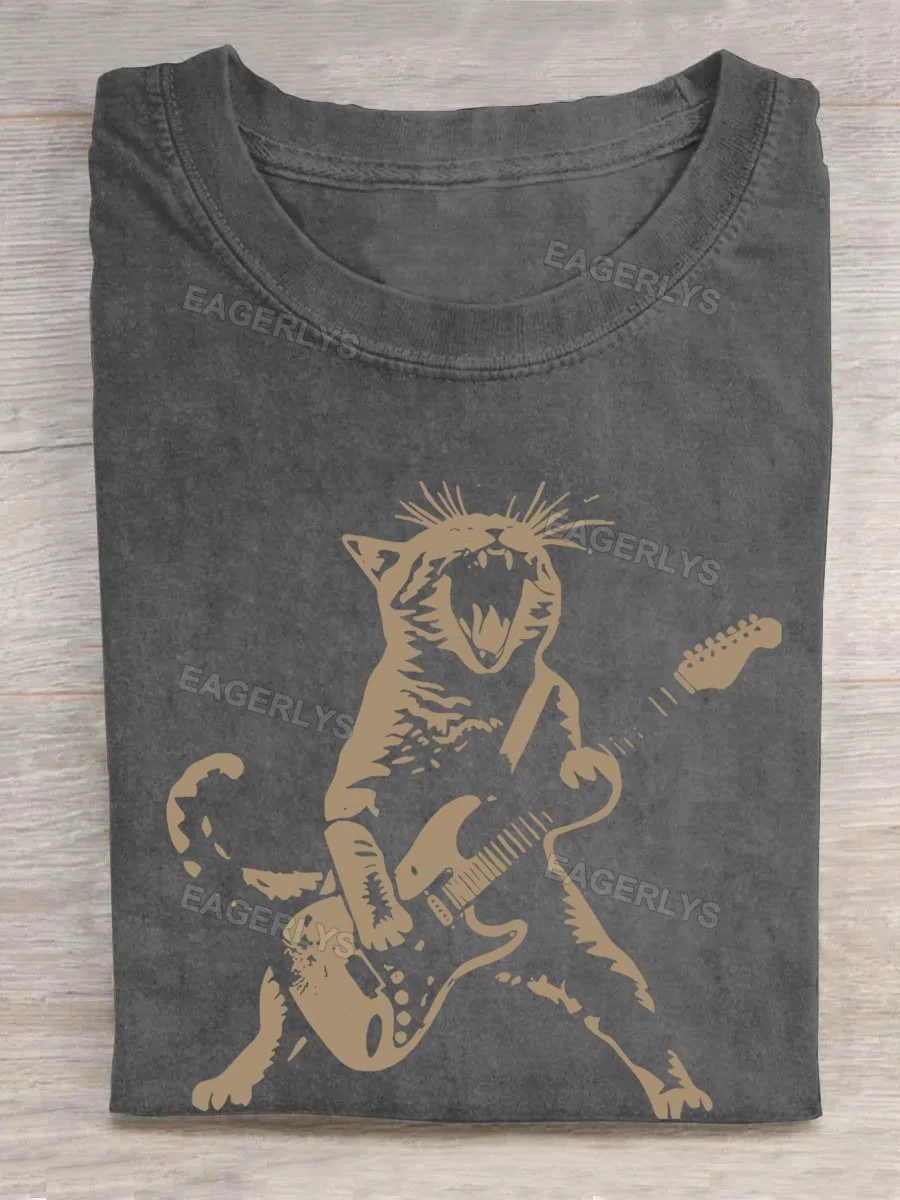 Eagerlys Women's Fun Rock Guitar Cat Print T-Shirt Eagerlys
