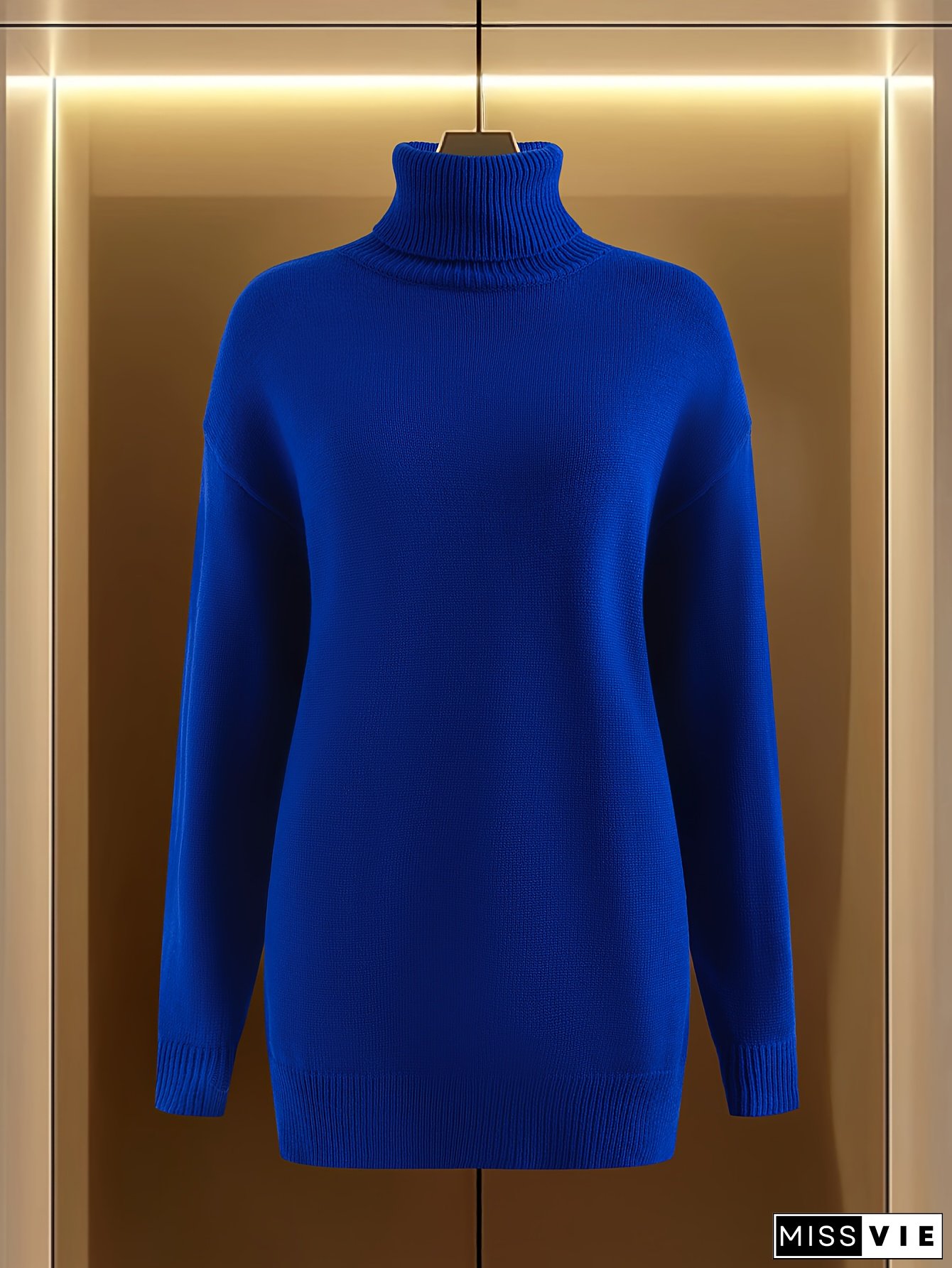 Womens Royal Blue High-Neck Sweater Oversized H-Line Silhouette with Long Sleeve