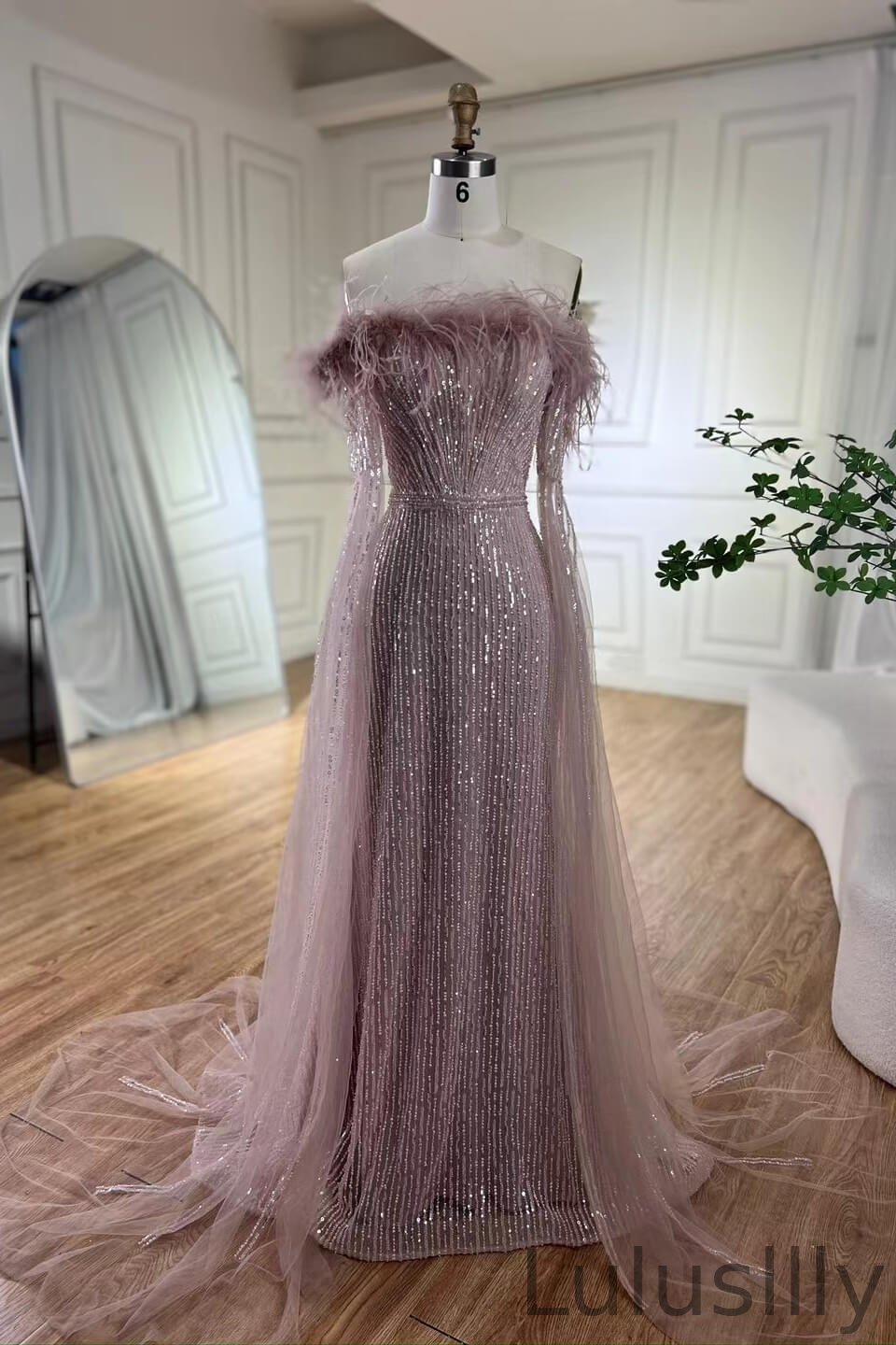 Luxury Off-the-Shoulder Wisteria Mermaid Evening Dress Mermaid With Sequins Feather - lulusllly